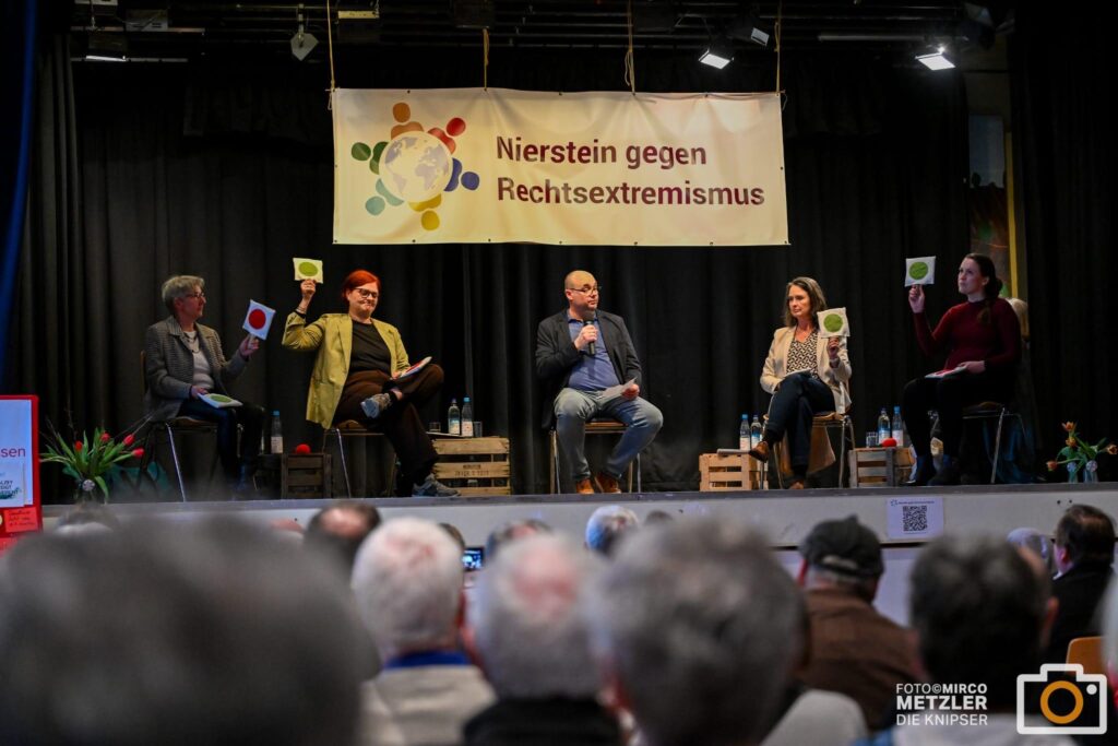 vier Frauen (Ulrike van Weelden, Pia Schellhammer, Kathrin Anklam-Trapp, Rebecca Ruppert9 und ein Mann (Frank Schmidt-Wyk) sitzen auf der Bühne. Die Frauen halten Schilder mit Zustimmungs- und Ablehnungssymbolen (grüner Kreis, roter Kreis) hoch.